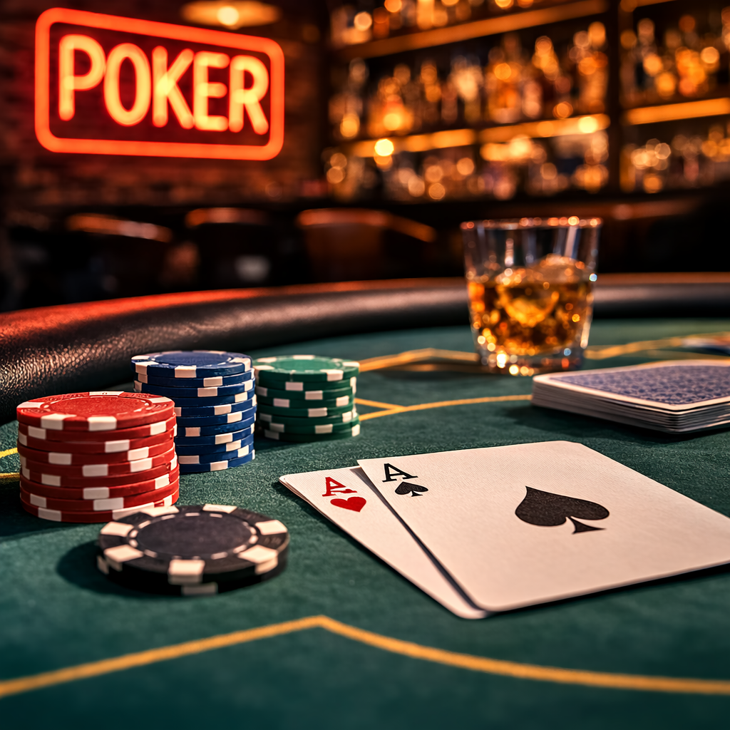 ポーカーバーの店内とポーカーテーブルの様子（チップ・カード・酒のある夜の営業イメージ）
