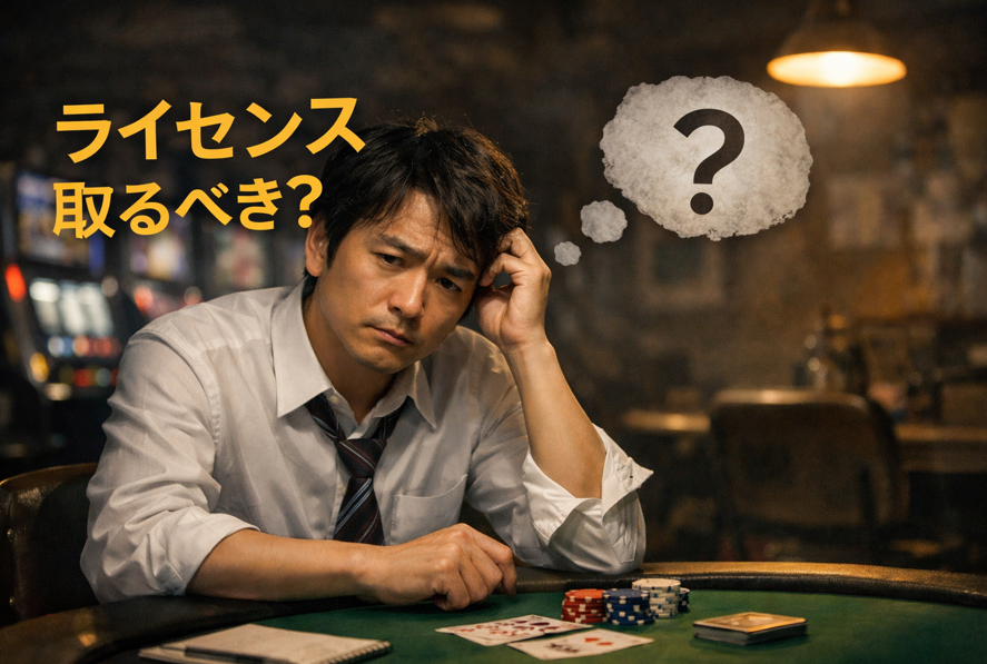 ポーカーバー開業でライセンスを取得すべきか悩む男性のイメージ（ポーカーテーブルとチップ）