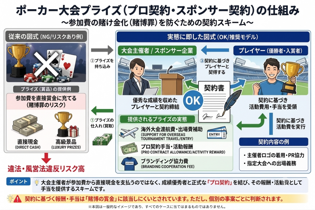 ポーカー大会のプライズ提供における風営法・賭博罪のリスクとプロ契約（スポンサー契約）モデルの注意点を解説した図解