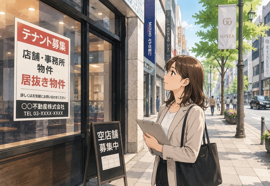 銀座の街を歩き、テナント募集看板を確認しながら店舗物件を探す行政書士法人ARUTOの女性従業員のイラスト