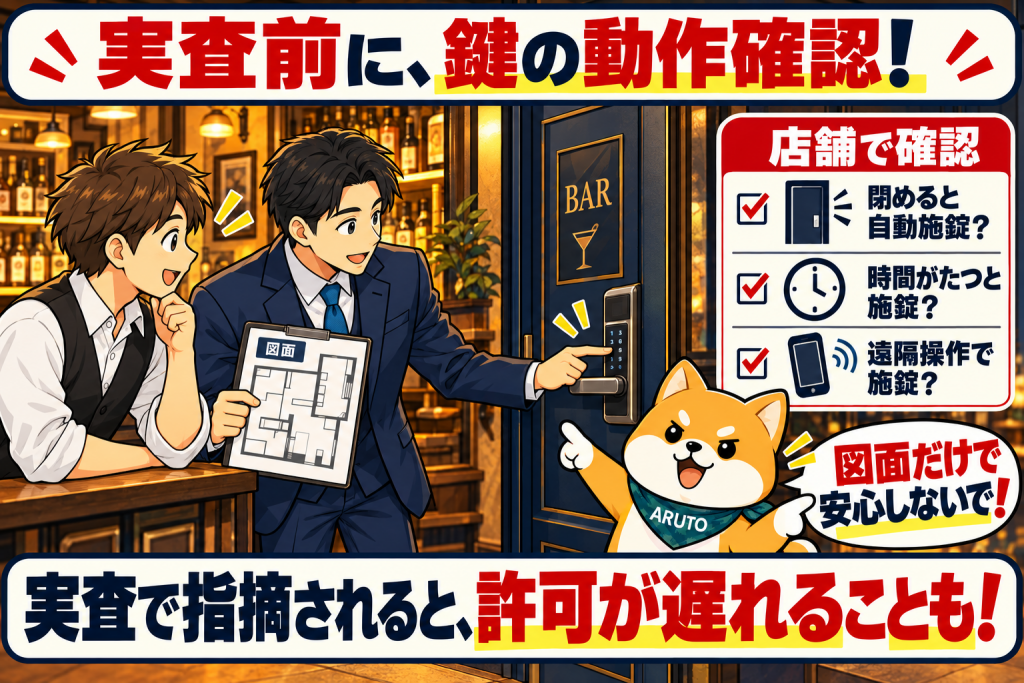 行政書士が店舗入口の電子錠を操作して確認する横で、アルト君が自動施錠や遠隔操作の確認と、実査での指摘による許可の遅れに注意を促すイラスト。
