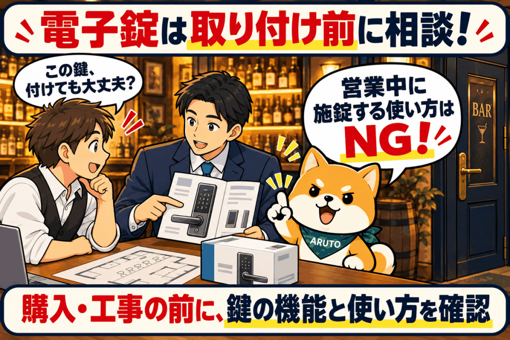 行政書士が店舗入口の電子錠を操作して確認する横で、アルト君が自動施錠や遠隔操作の確認と、実査での指摘による許可の遅れに注意を促すイラスト。