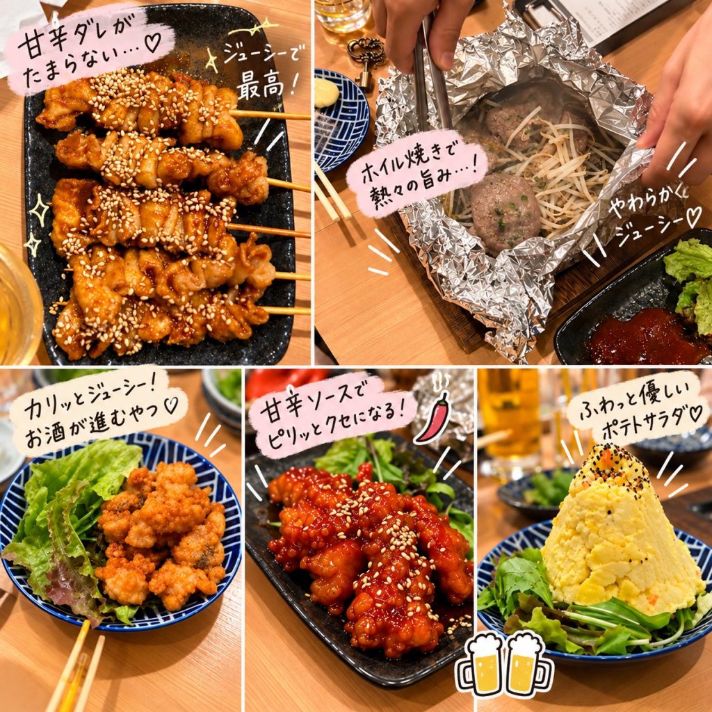 大衆酒泉テルマエ渋谷道玄坂泉の甘辛ダレの串焼き、熱々のホイル焼き、ピリ辛料理、ポテトサラダなどの人気料理