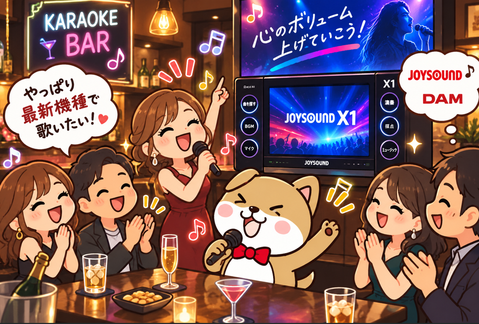 最新カラオケ機種「JOYSOUND X1」が設置されたカラオケバーで、歌やお酒を楽しむお客さんとアルトくんのイラスト