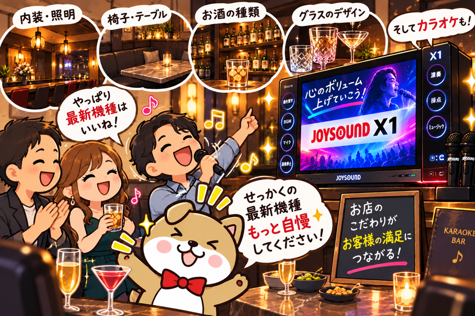 内装や照明、お酒、グラスなどの店舗設備と、最新カラオケ機種「JOYSOUND X1」へのこだわりを紹介するアルトくんのイラスト