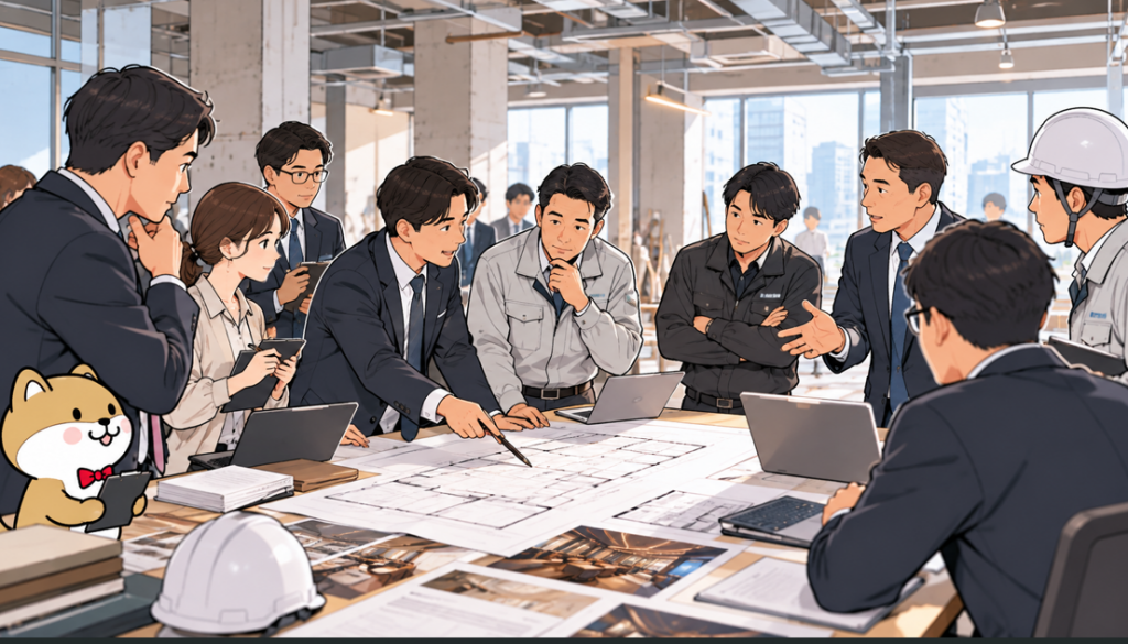 不動産会社や内装業者など複数の関係者が参加する大規模出店計画の現地打合せ